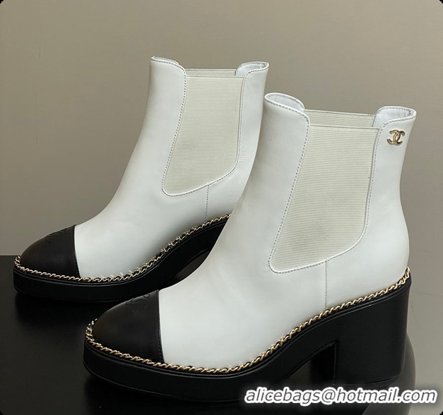Shop Cheap Chanel White & Black Cap-toe Ankle Boots With Chain Trim 60702606