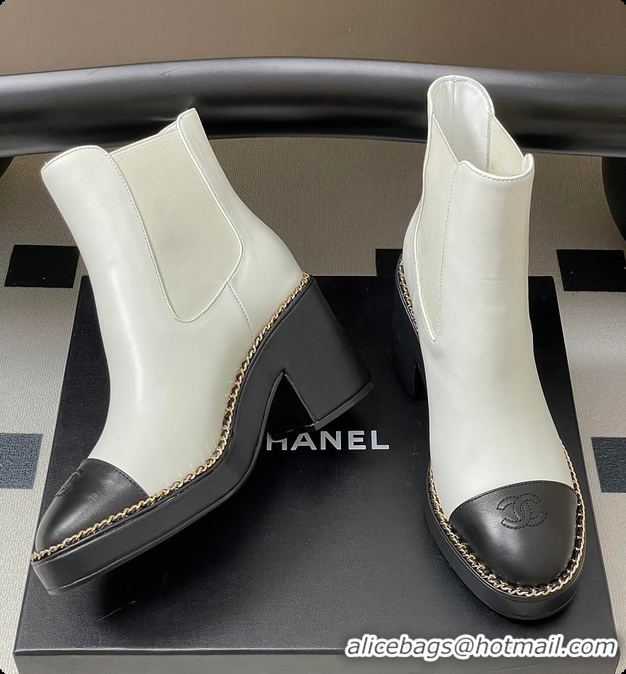 Shop Cheap Chanel White & Black Cap-toe Ankle Boots With Chain Trim 60702606