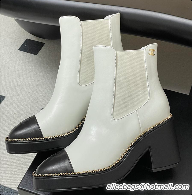 Shop Cheap Chanel White & Black Cap-toe Ankle Boots With Chain Trim 60702606