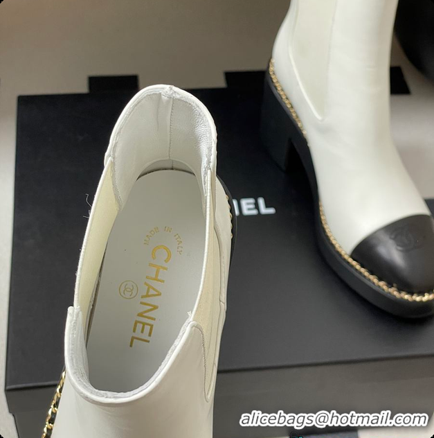 Shop Cheap Chanel White & Black Cap-toe Ankle Boots With Chain Trim 60702606
