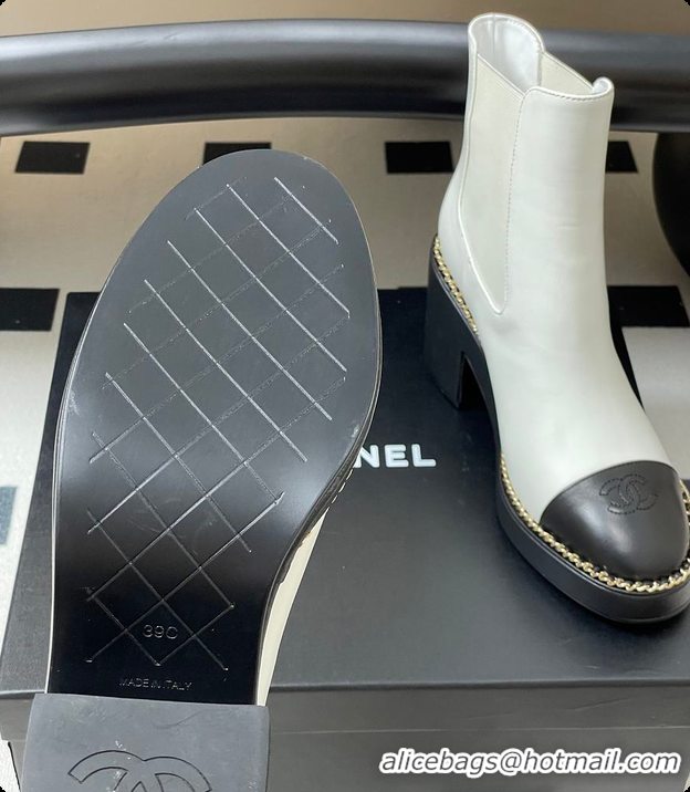 Shop Cheap Chanel White & Black Cap-toe Ankle Boots With Chain Trim 60702606