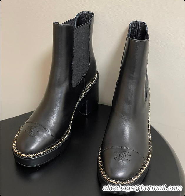 Top Design Chanel Black Cap-toe Ankle Boots With Chain Trim 60702606
