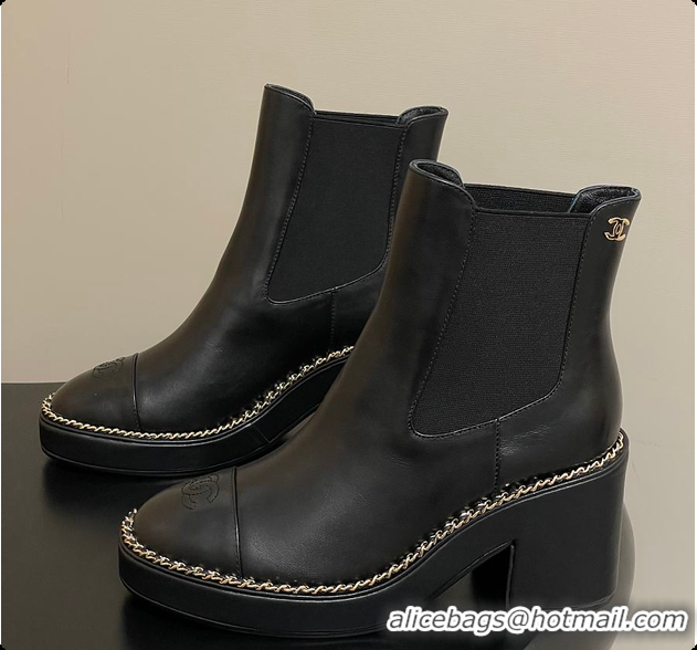 Top Design Chanel Black Cap-toe Ankle Boots With Chain Trim 60702606
