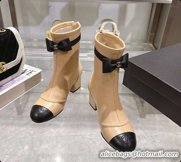 Duplicate Chanel Bow Detail Cap-Toe Ankle Boots Beige/Black 60702607