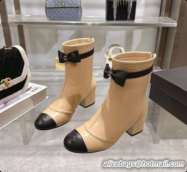 Duplicate Chanel Bow Detail Cap-Toe Ankle Boots Beige/Black 60702607