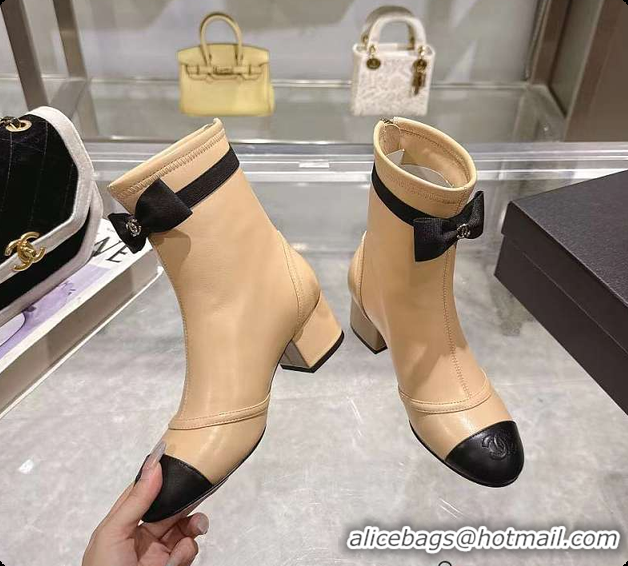 Duplicate Chanel Bow Detail Cap-Toe Ankle Boots Beige/Black 60702607