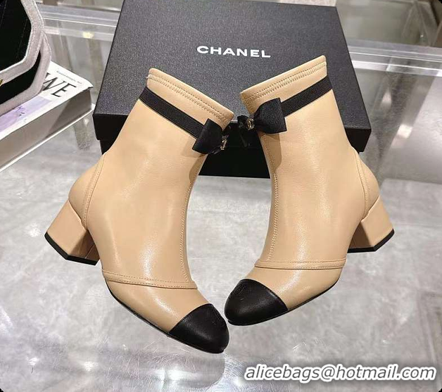 Duplicate Chanel Bow Detail Cap-Toe Ankle Boots Beige/Black 60702607