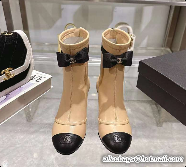 Duplicate Chanel Bow Detail Cap-Toe Ankle Boots Beige/Black 60702607