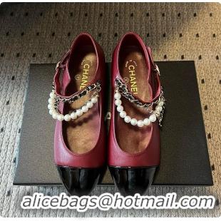 Stylish Chanel Mary Janes Lambskin, Patent calfskin, Faux Pearls Burgundy 60702608