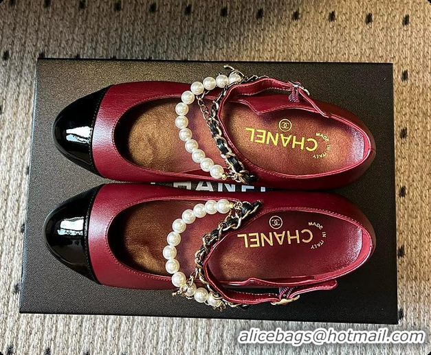 Stylish Chanel Mary Janes Lambskin, Patent calfskin, Faux Pearls Burgundy 60702608