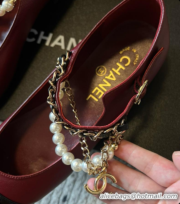 Stylish Chanel Mary Janes Lambskin, Patent calfskin, Faux Pearls Burgundy 60702608