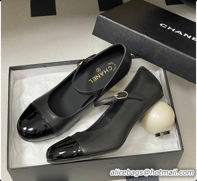Good Quality Chanel Mary Janes Lambskin, Shiny Calfskin & Faux Pearl Black 60702613
