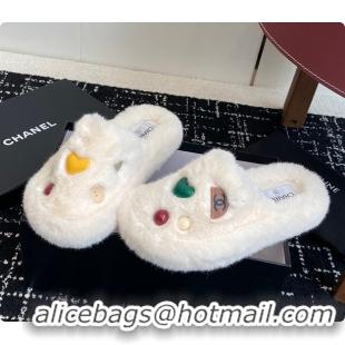 Pretty Style Chanel Classic Four-Season CC Furry Slippers White 60702615