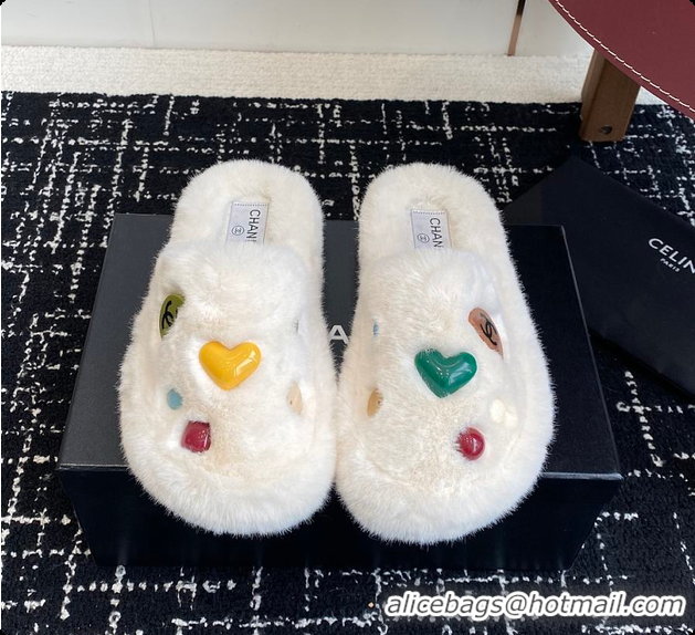 Pretty Style Chanel Classic Four-Season CC Furry Slippers White 60702615