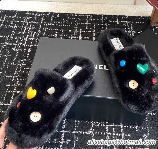 Grade Quality Chanel Classic Four-Season CC Furry Slippers Black 60702615