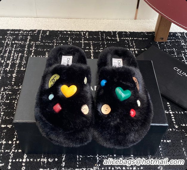 Grade Quality Chanel Classic Four-Season CC Furry Slippers Black 60702615