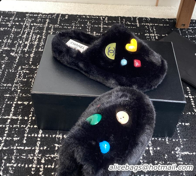 Grade Quality Chanel Classic Four-Season CC Furry Slippers Black 60702615