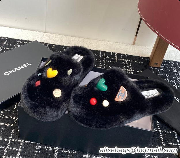 Grade Quality Chanel Classic Four-Season CC Furry Slippers Black 60702615
