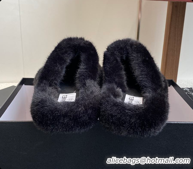 Grade Quality Chanel Classic Four-Season CC Furry Slippers Black 60702615