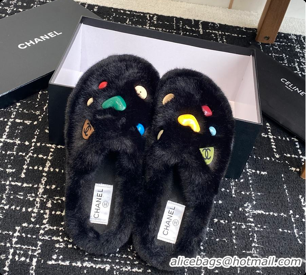 Grade Quality Chanel Classic Four-Season CC Furry Slippers Black 60702615