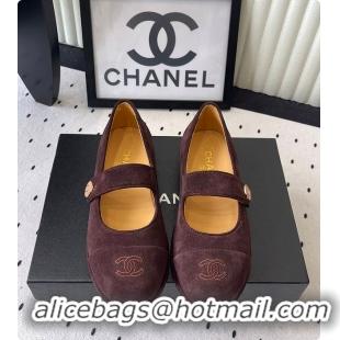 Charming Chanel Brown Suede Mary Jane Flats Interlocking CC Logo 60702616