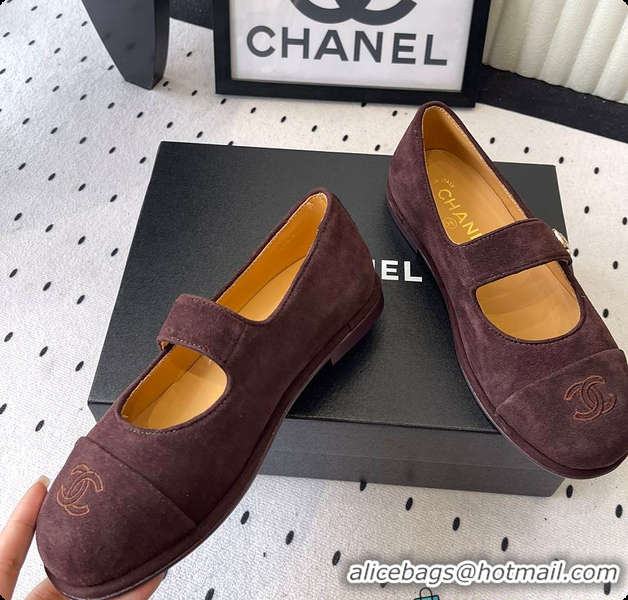Charming Chanel Brown Suede Mary Jane Flats Interlocking CC Logo 60702616