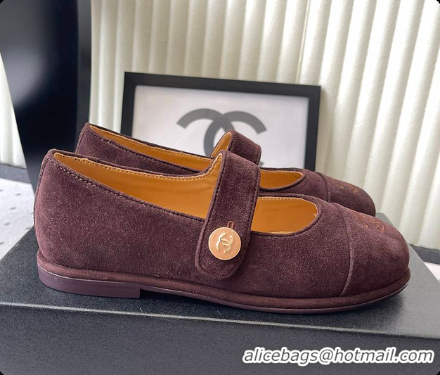 Charming Chanel Brown Suede Mary Jane Flats Interlocking CC Logo 60702616