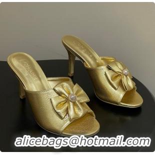 Shop Duplicate Chanel Satin Bow Pearl CC Mule Heels Gold 8.5cm 60702617