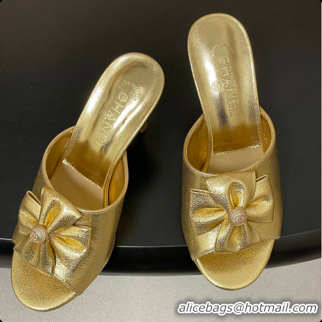 Shop Duplicate Chanel Satin Bow Pearl CC Mule Heels Gold 8.5cm 60702617