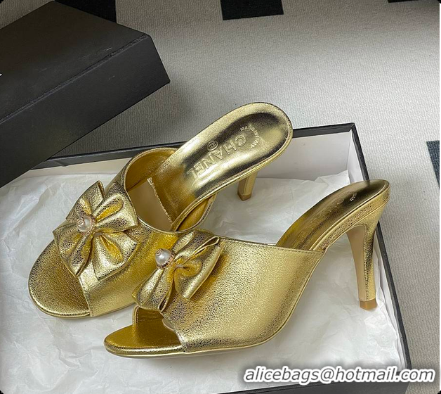 Shop Duplicate Chanel Satin Bow Pearl CC Mule Heels Gold 8.5cm 60702617