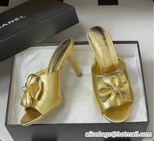 Shop Duplicate Chanel Satin Bow Pearl CC Mule Heels Gold 8.5cm 60702617