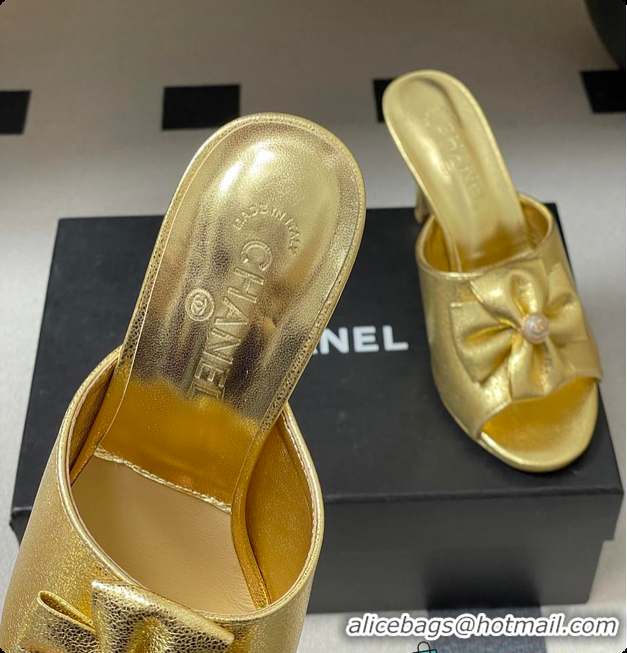 Shop Duplicate Chanel Satin Bow Pearl CC Mule Heels Gold 8.5cm 60702617