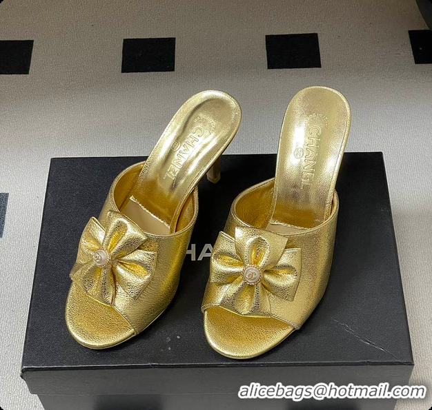 Shop Duplicate Chanel Satin Bow Pearl CC Mule Heels Gold 8.5cm 60702617