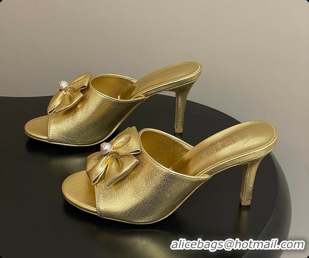 Shop Duplicate Chanel Satin Bow Pearl CC Mule Heels Gold 8.5cm 60702617