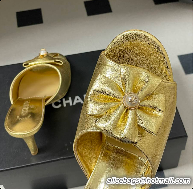 Shop Duplicate Chanel Satin Bow Pearl CC Mule Heels Gold 8.5cm 60702617