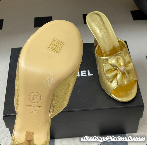 Shop Duplicate Chanel Satin Bow Pearl CC Mule Heels Gold 8.5cm 60702617