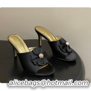 Stylish Chanel Satin Bow Pearl CC Mule Heels Black 8.5cm 60702617