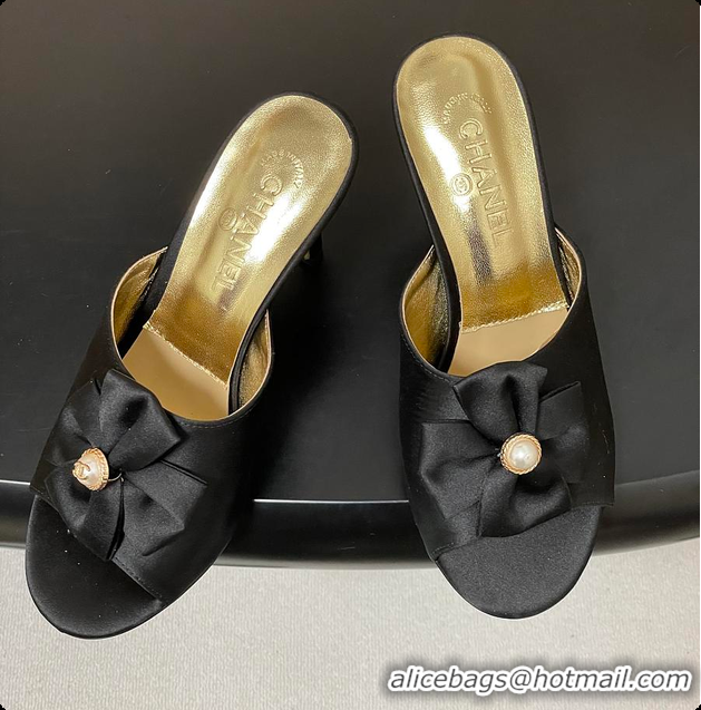 Stylish Chanel Satin Bow Pearl CC Mule Heels Black 8.5cm 60702617