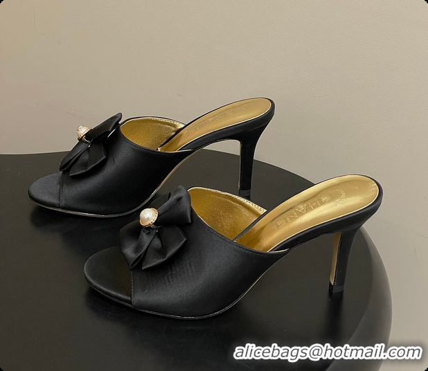 Stylish Chanel Satin Bow Pearl CC Mule Heels Black 8.5cm 60702617