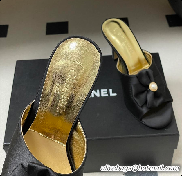 Stylish Chanel Satin Bow Pearl CC Mule Heels Black 8.5cm 60702617