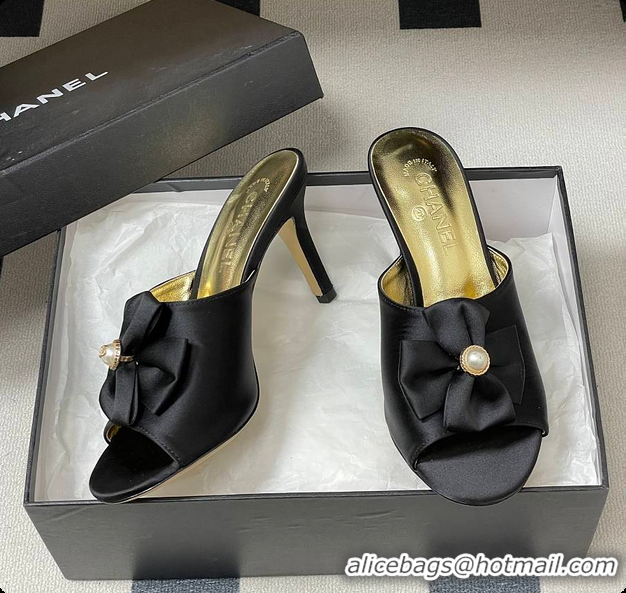 Stylish Chanel Satin Bow Pearl CC Mule Heels Black 8.5cm 60702617