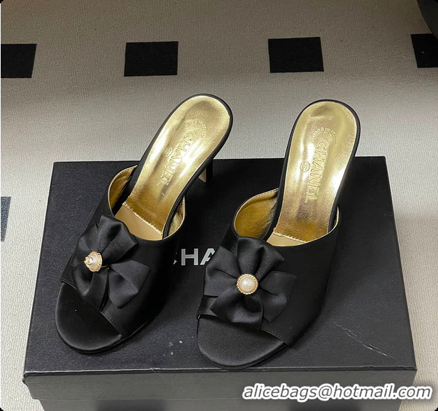 Stylish Chanel Satin Bow Pearl CC Mule Heels Black 8.5cm 60702617