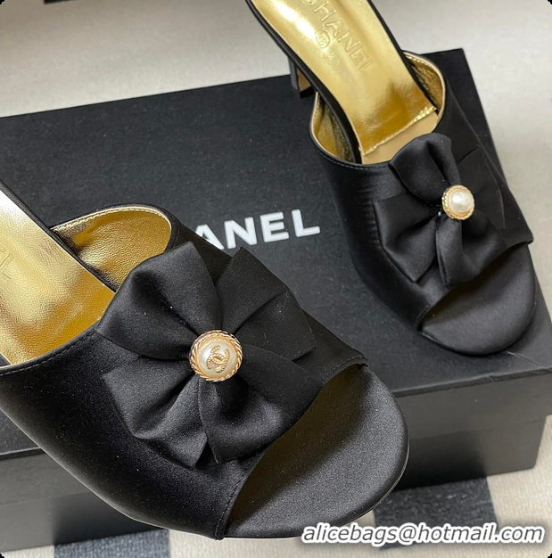 Stylish Chanel Satin Bow Pearl CC Mule Heels Black 8.5cm 60702617
