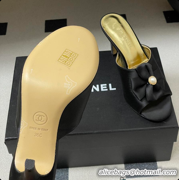 Stylish Chanel Satin Bow Pearl CC Mule Heels Black 8.5cm 60702617