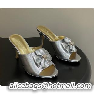 Sophisticated Chanel Satin Bow Pearl CC Mule Heels Silver 8.5cm 60702617