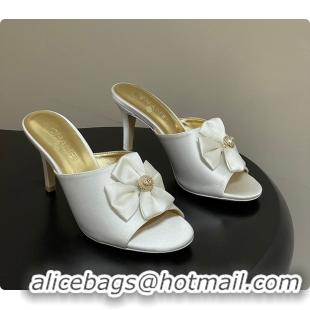 Best Grade Chanel Satin Bow Pearl CC Mule Heels White 8.5cm 60702617