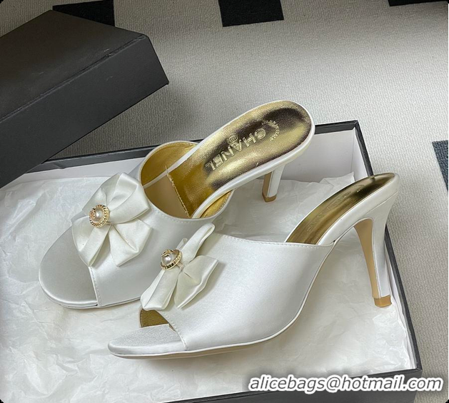 Best Grade Chanel Satin Bow Pearl CC Mule Heels White 8.5cm 60702617