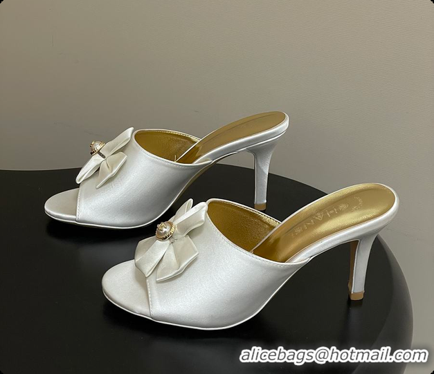 Best Grade Chanel Satin Bow Pearl CC Mule Heels White 8.5cm 60702617