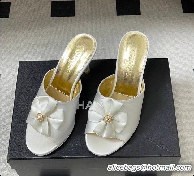 Best Grade Chanel Satin Bow Pearl CC Mule Heels White 8.5cm 60702617