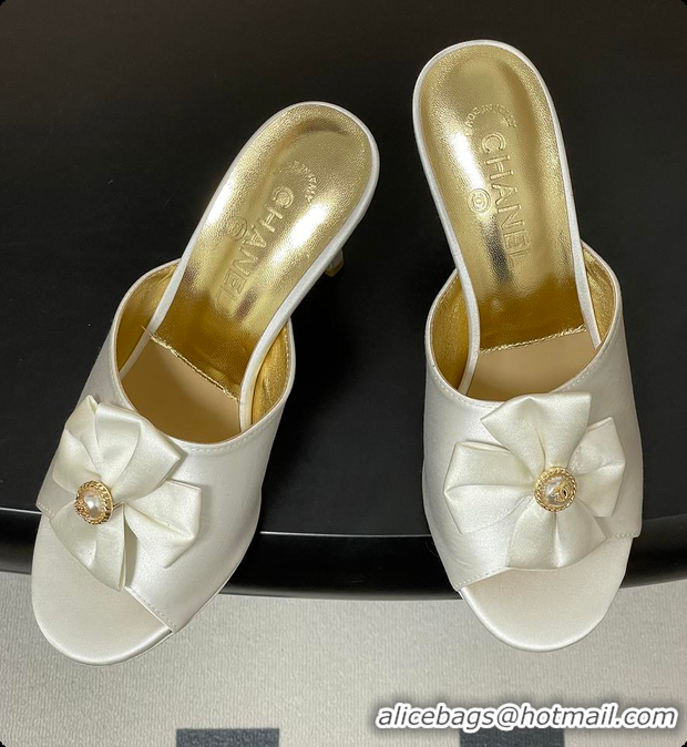 Best Grade Chanel Satin Bow Pearl CC Mule Heels White 8.5cm 60702617